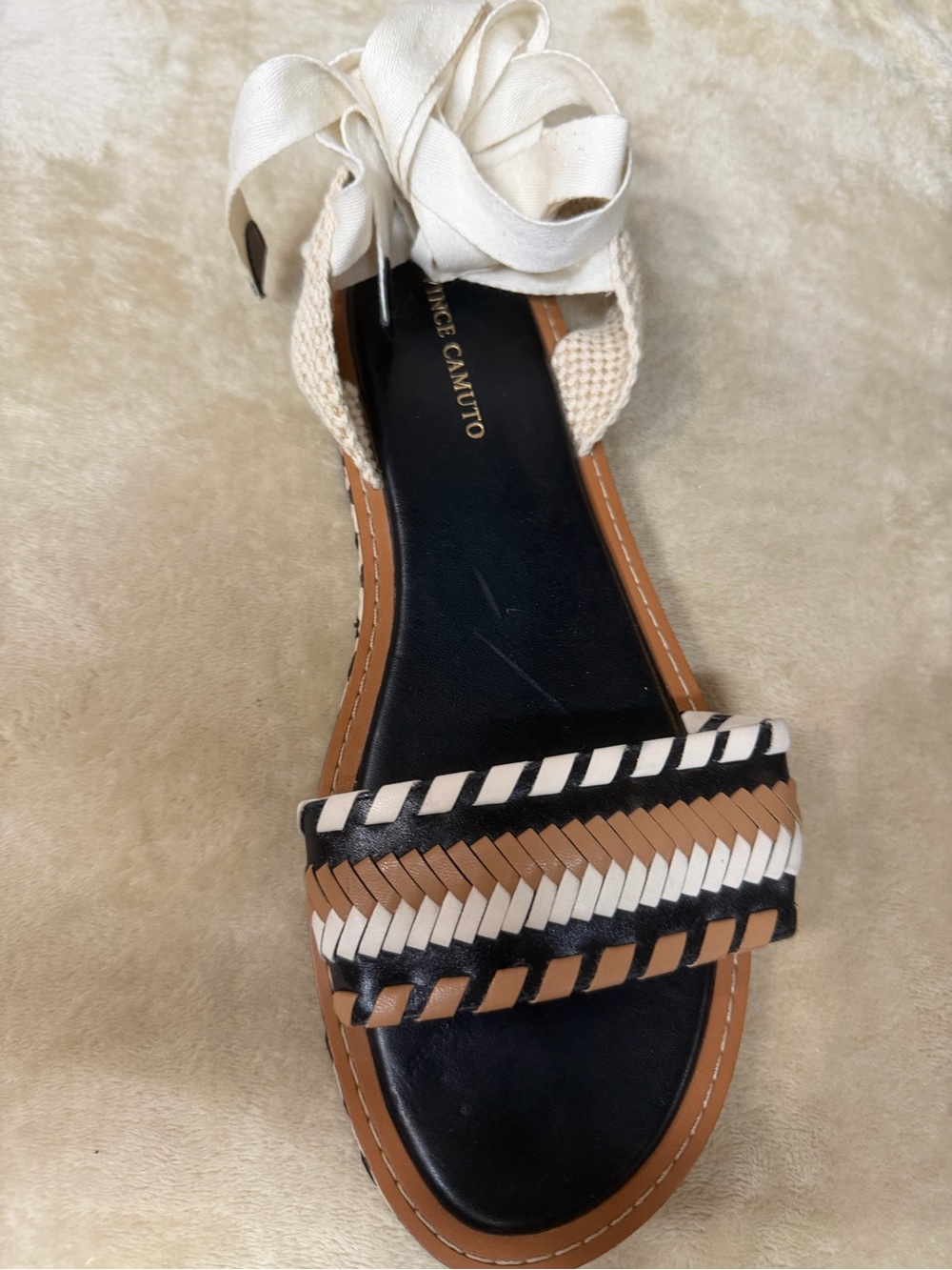 Vince Camuto Women's Black and Tan Braided Strap Sandals with Cream Ankle Ties - Picture 12 of 16